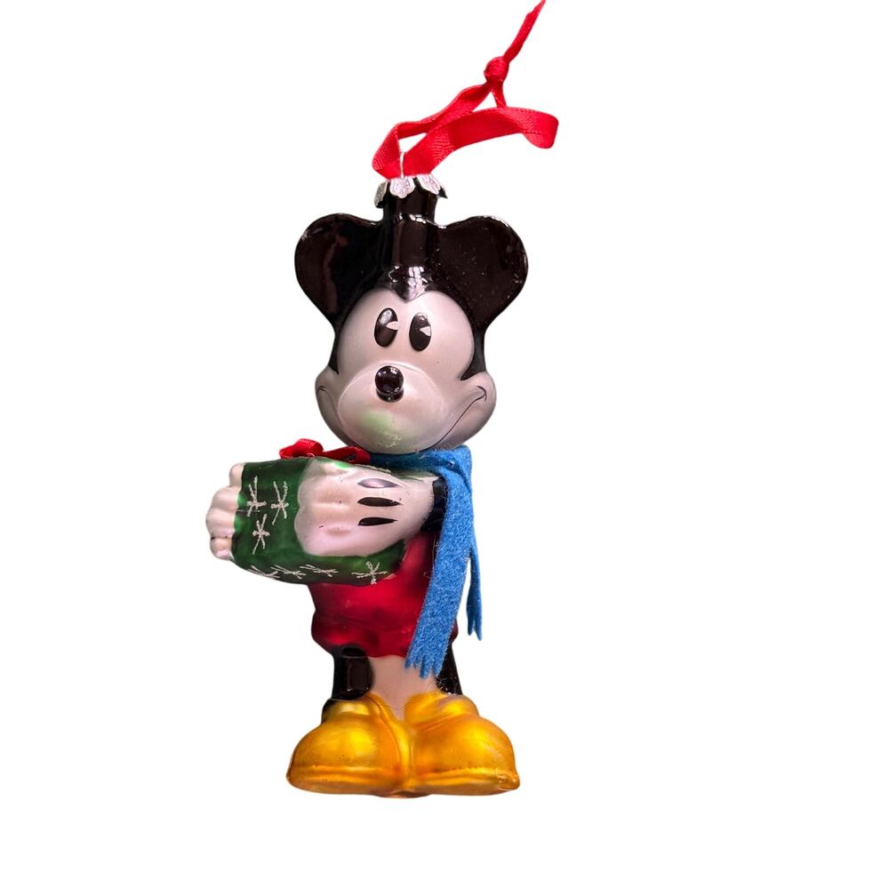 Disney Mickey Mouse holding a gift glass blown ornament Christmas